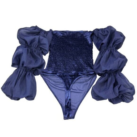 FREE PEOPLE Girls Just Wanna Smocked Velvet Puff Sleeve Bodysuit XS Blue Purple - Picture 6 of 6